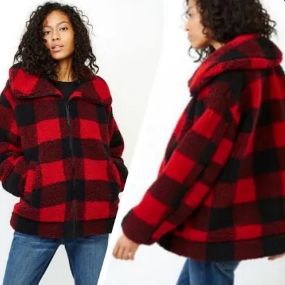 ROOTS Plaid Sherpa Jacket red black sz S (oversized)